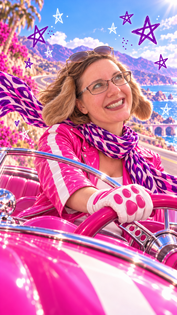 Laughing woman with floppy dog-ear hair pieces and paw-print gloves driving a pink convertible along a sunny coastal road