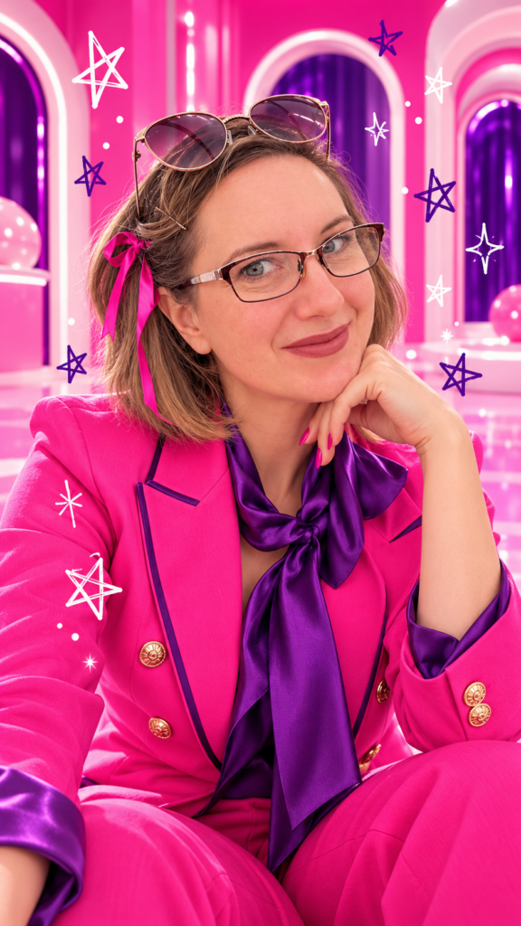 Smiling woman with glasses in a hot-pink suit and purple satin bow, resting her chin on her hand in a pink dollhouse-style room