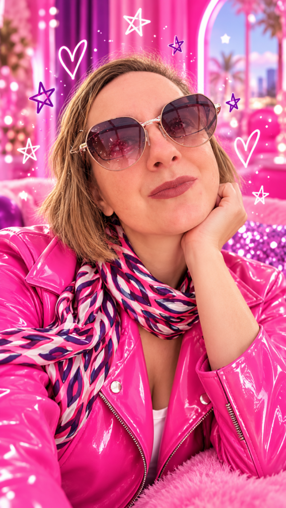Woman in rose-tinted sunglasses and a glossy pink jacket with a pink and purple patterned scarf, lounging in a pink room with doodled hearts and stars